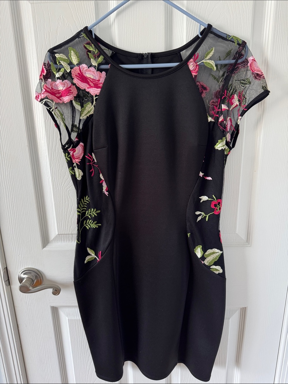 BCX Black Mini Dress with Pink & Green Floral Mesh